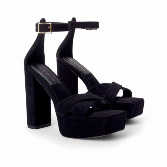 Good American Platform Block Heel Black Suede Ankle Strap Chunky Sandal 10.5 NEW - Picture 3 of 12